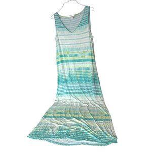 J. Jill Medium Tall Blue Green Striped Maxi Dress V-Neck Beachy Coastal Rayon Sl